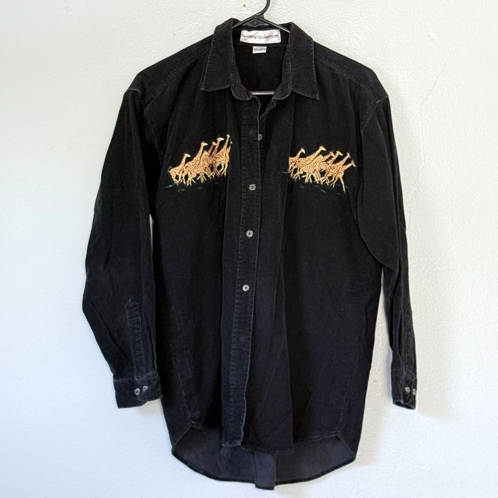 100% Cotton Black Embroidered Giraffe Corduroy Button-Up Shirt